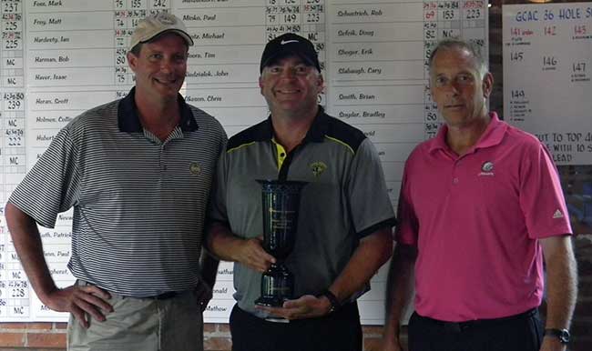 Cleveland Metroparks Golf pros Mike Raby (l) and Tom Kockensparger (r) flank 2014 Cleveland Am Champ Howard Clendenin