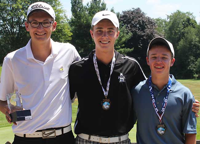 Evan Ferrara, on the left, won the individual championship with Parker Barnes, center finishing third and Nick Mandalari, taking runner-up honors. Ferrara and Mandalari are from Kent; Barnes will be a senior for the Aurora Greenmen.