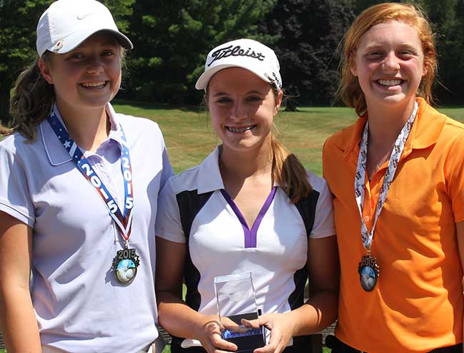 Taylor Ross, in the center, of Salem, champion with Grace Thompson of Kent, runner-up, on the left, and  Kaitlyn Hawkins of Uniontown, in third place.