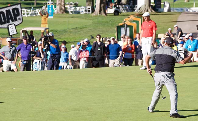 Andres Gonzales holes a bomb on the first playoff hole in the DAP Championship at Canterbury.