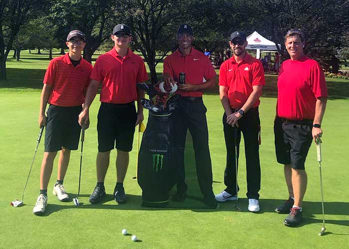 Ready in 'Sunday Red' at Fox Den are Joey DeSimone, Dylan Dunn, Tiger Woods, Aaron Kazon and Mark Wilbur.