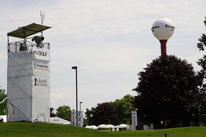 No grandstands behind the 18th green at the 2019 Bridgestone Senior Players.