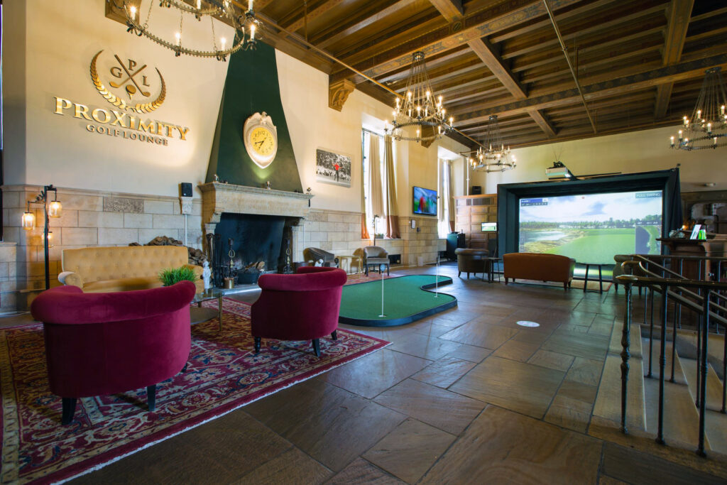 The fireplace at Proximity Golf Lounge