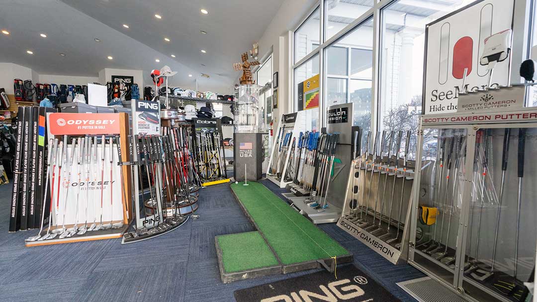 Putters at the Windmill Golf Center pro shop.