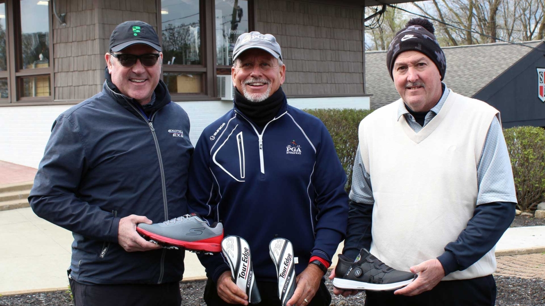2023 NOPGA Pro-Pro Scramble winners Tom Atchison (c) and Tony Adcock (r) with Sean Kelly (l)