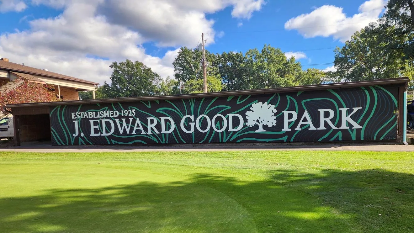 The cart barn mural at Good Park Golf Course, Akron